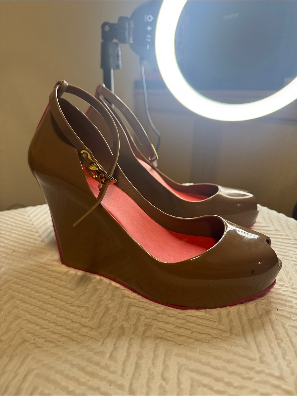 Melissa Brown Patent Peep-Toe Wedge Heels with Pink Insole